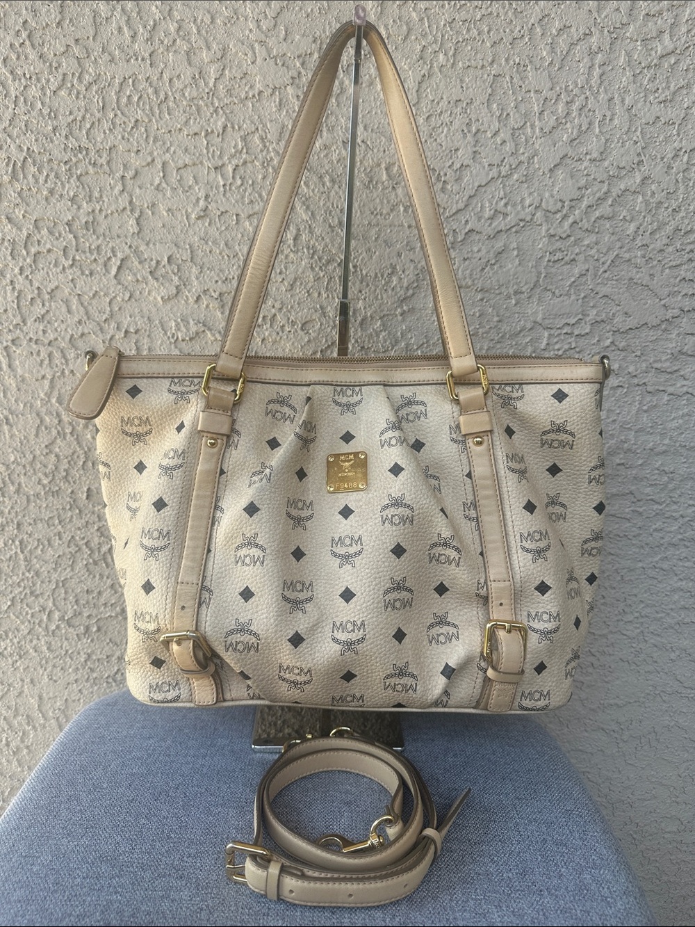 MCM Beige Logo Tote with Adjustable Shoulder Strap